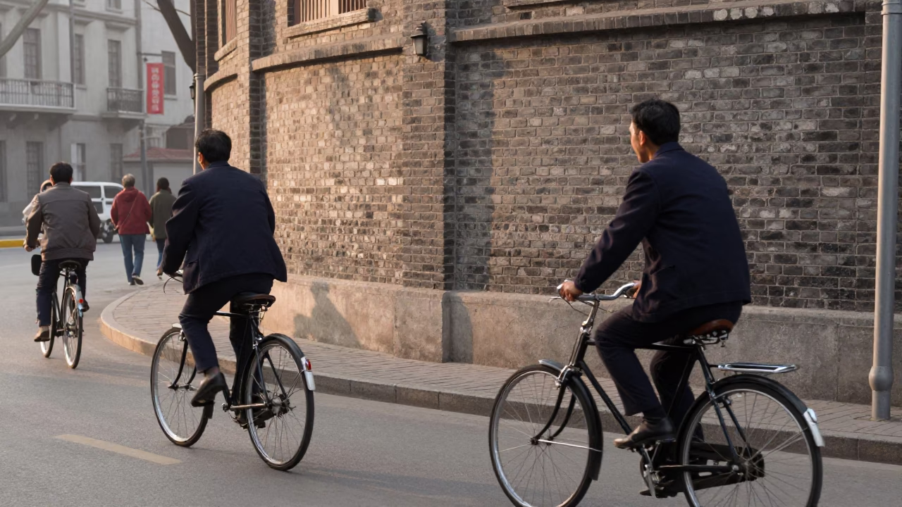 Vintage 1970s Shanghai street scene with bicycle riders and pedestrians near traditional architecture in in Shanghai, China