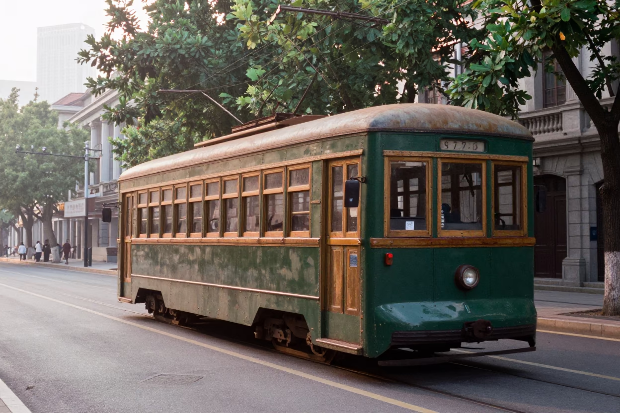 Vintage 1970s Shanghai Street Scene with Old Trolley and Morning Light in in Shanghai, China
