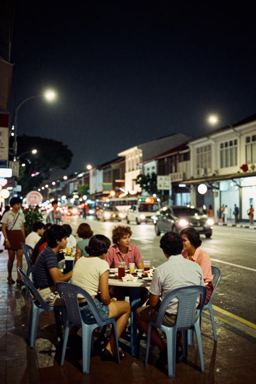 Vintage 1970s Singapore Night Street Scene with Clear Glass Tabletop and Local Diners in in Singapore, Singapore