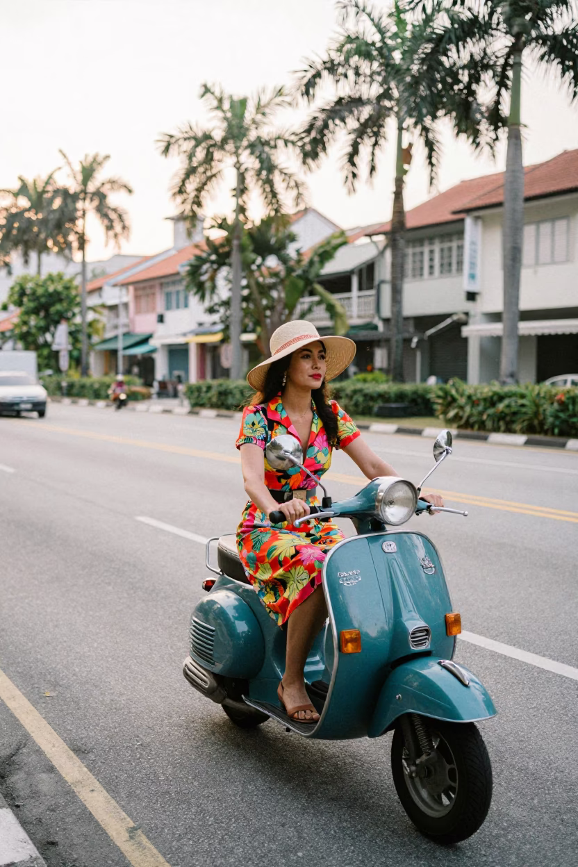 Vintage 1970s Singapore Street Fashion Early Morning Scooter Ride with Sun Hats in in Singapore, Singapore
