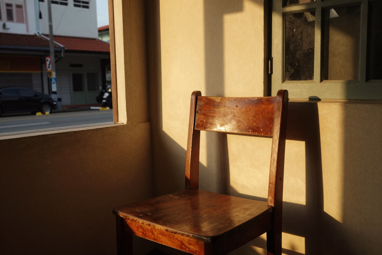 Vintage 1970s Singapore Sunset Street Scene with Wooden Chair and Window Light in in Singapore, Singapore