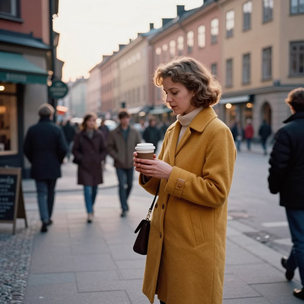 Vintage 1970s Stockholm Morning Street Scene with Coffee and Commuters in in Stockholm, Sweden