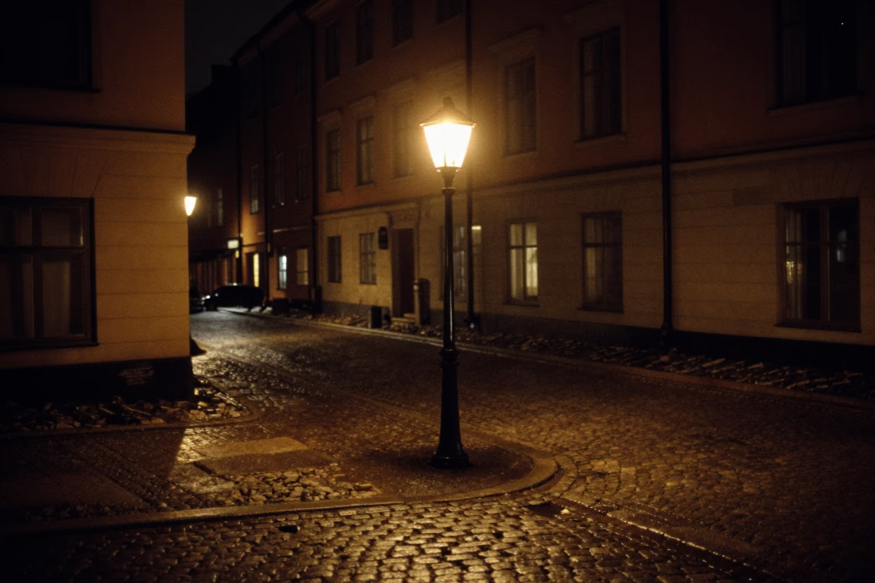 Vintage 1970s Stockholm Night Street Scene with Floor Lamp and Local Interaction in in Stockholm, Sweden