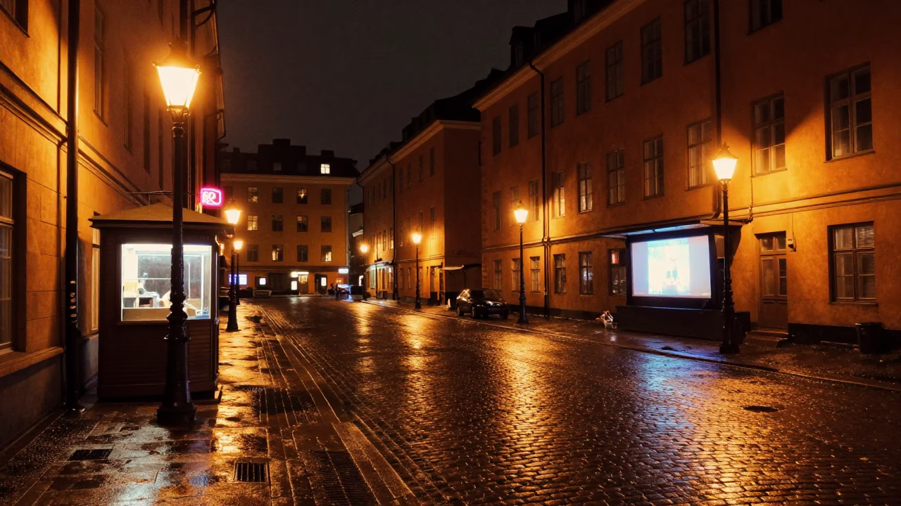 Vintage 1970s Stockholm Night Street Scene with Outdoor Cinema and Cobblestone Atmosphere in in Stockholm, Sweden