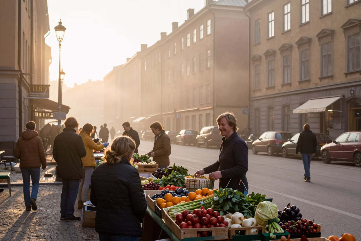 Vintage 1970s Stockholm Street Scene with Early Morning Light and Local Market Activity in in Stockholm, Sweden