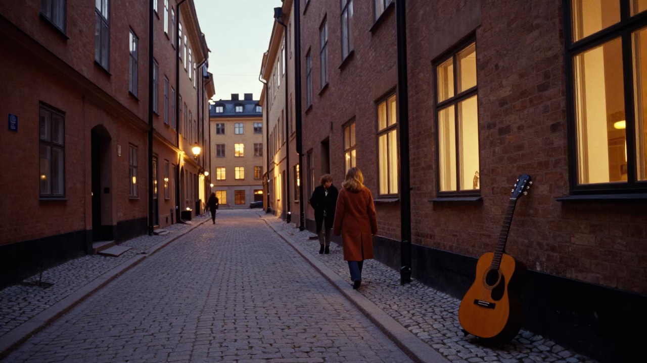 Vintage 1970s Stockholm Street Scene with Guitar and Coat Hook at Dusk in in Stockholm, Sweden