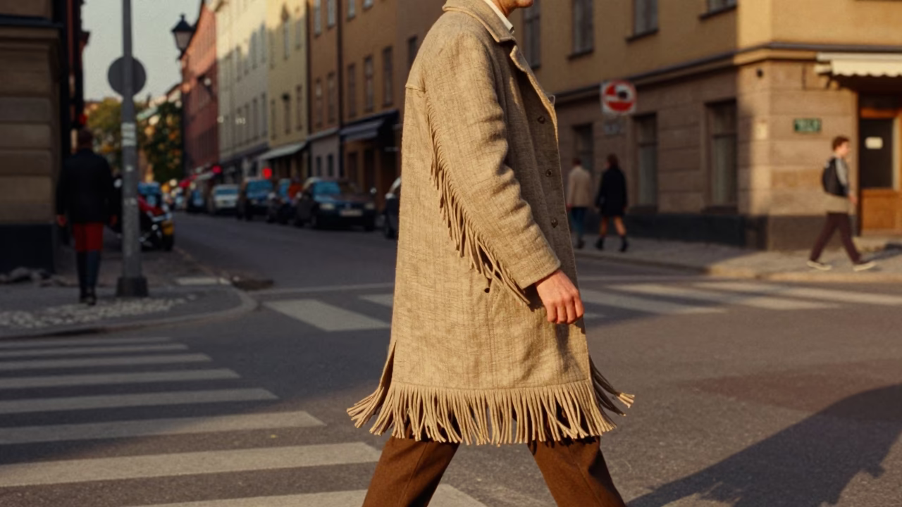 Vintage 1970s Stockholm Street Scene with Linen Fringe and Chai in Honeyed Evening Light in in Stockholm, Sweden