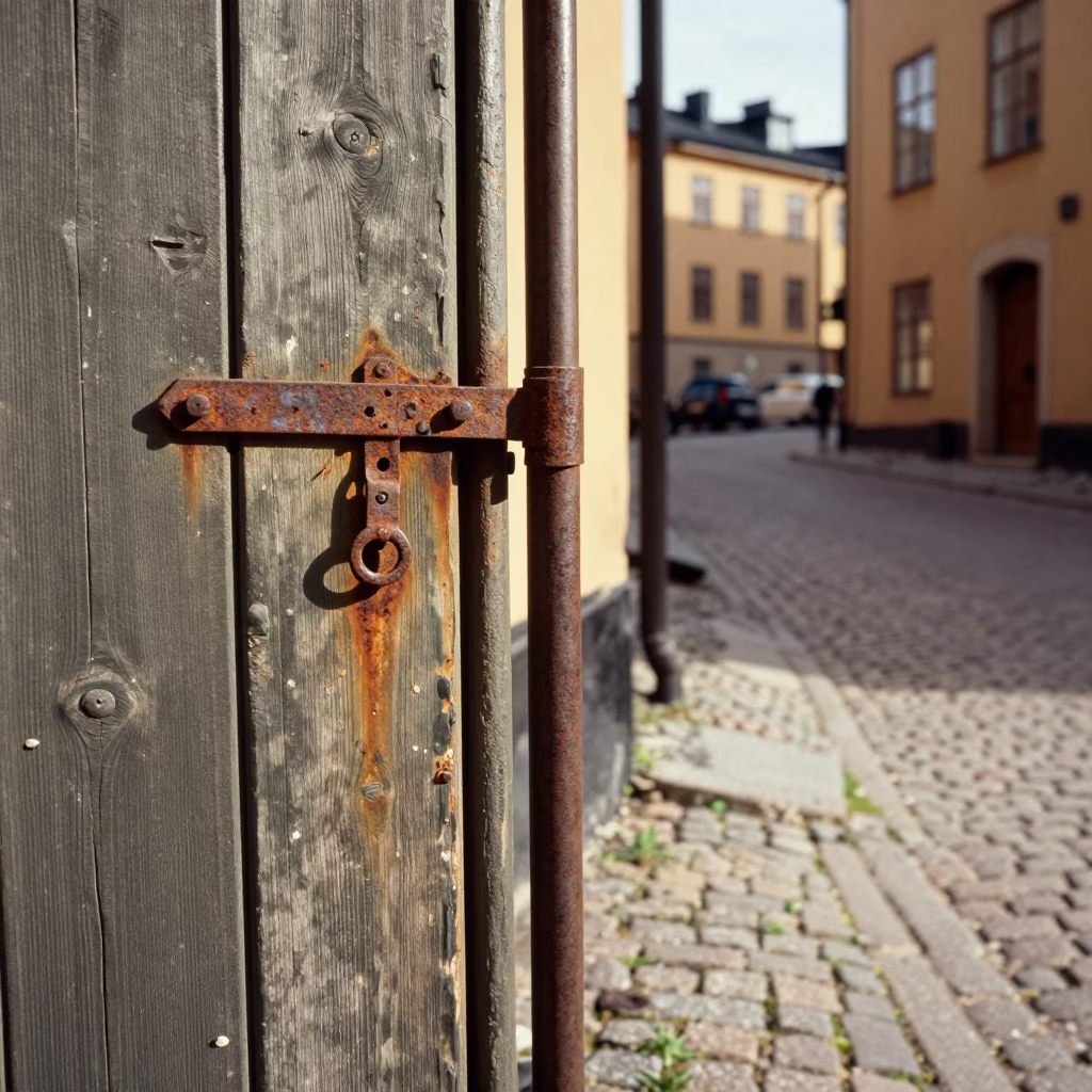 Vintage 1970s Stockholm street scene with rusted latch and bicycle near bakery in in Stockholm, Sweden