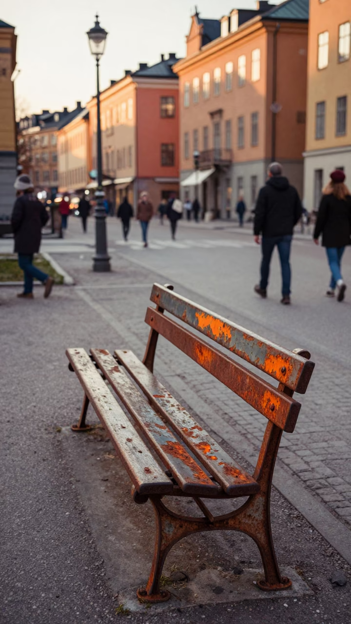 Vintage 1970s Stockholm Street Scene with Rusty Bench and Morning Light in in Stockholm, Sweden
