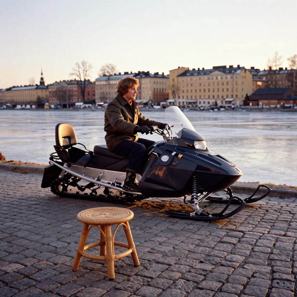 Vintage 1970s Stockholm Street Scene with Snowmobile and Rattan Stool at Sunset in in Stockholm, Sweden