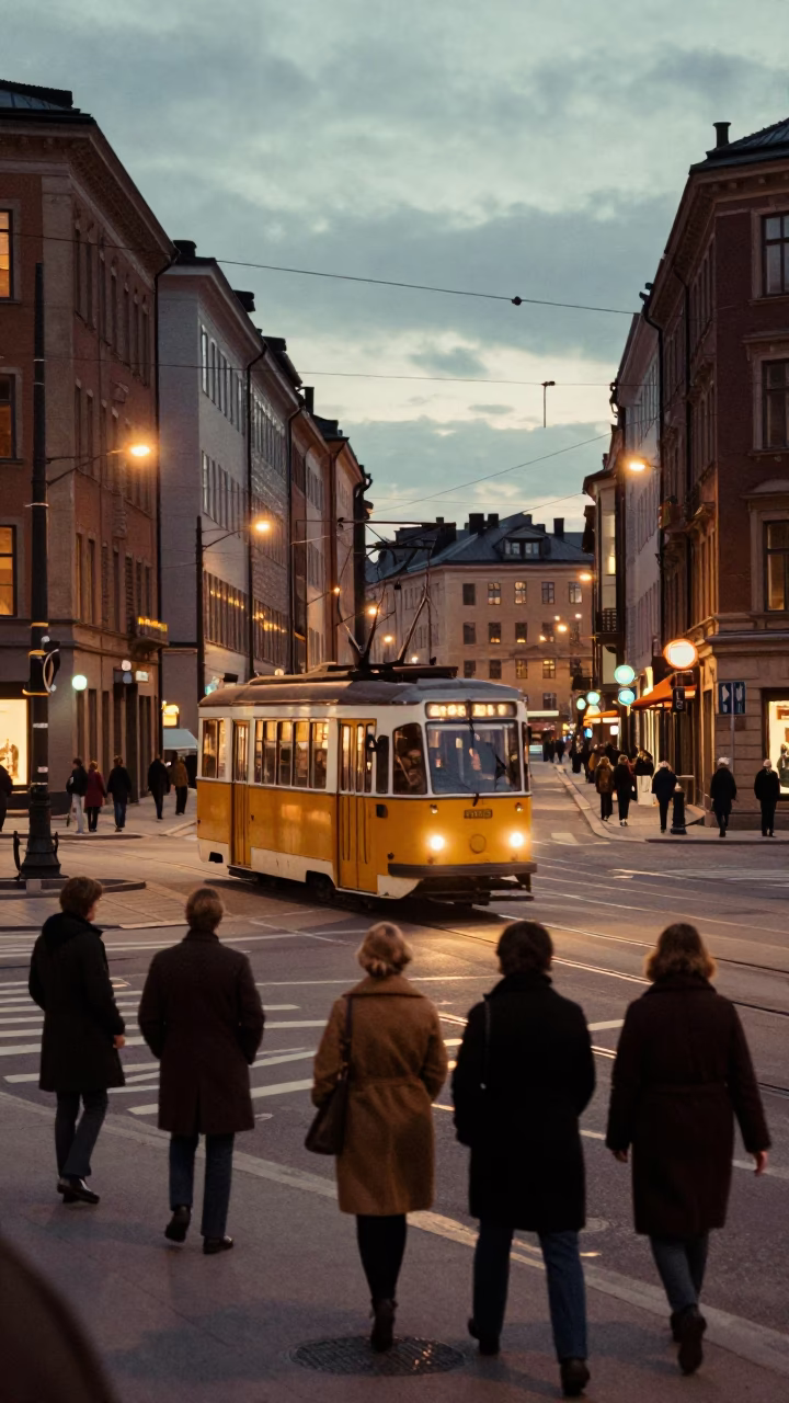 Vintage 1970s Stockholm Street Scene with Tram and Pedestrians at Dusk in in Stockholm, Sweden