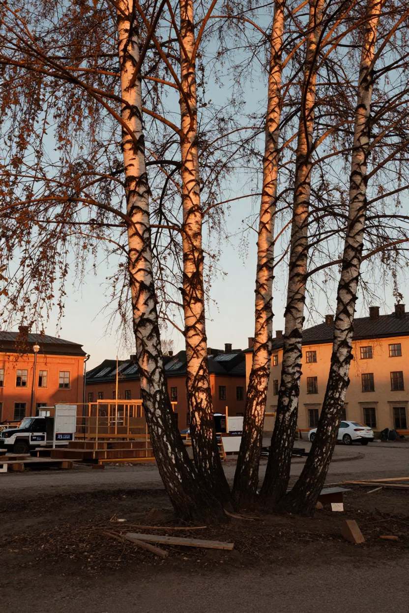Vintage 1970s Stockholm Sunset Birch Grove Construction Site with Red Brick Architecture in in Stockholm, Sweden