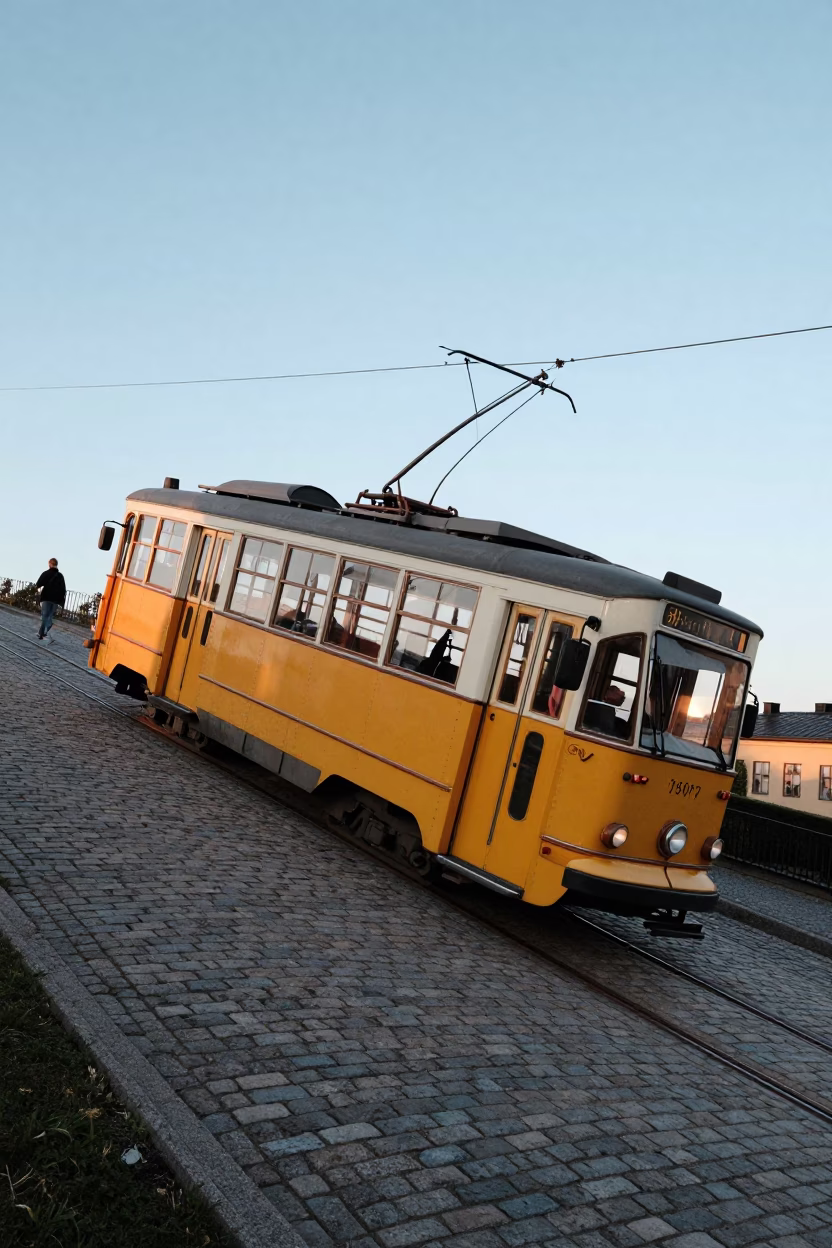 Vintage 1970s Stockholm Tram Ascending Steep Hill at Sunrise in in Stockholm, Sweden