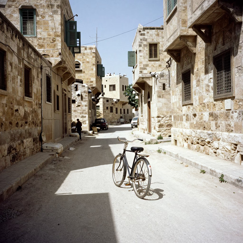 Vintage 1970s Street Scene in Amman Jordan Midday Light with Bicycle and Shopkeeper in in Amman, Jordan