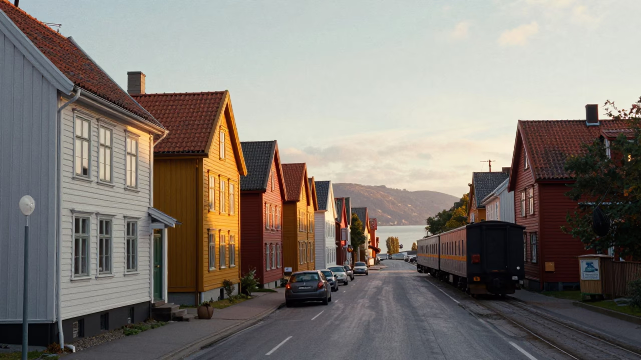 Vintage 1970s Street Scene in Bergen Norway with Colorful Houses and Morning Light in in Bergen, Norway