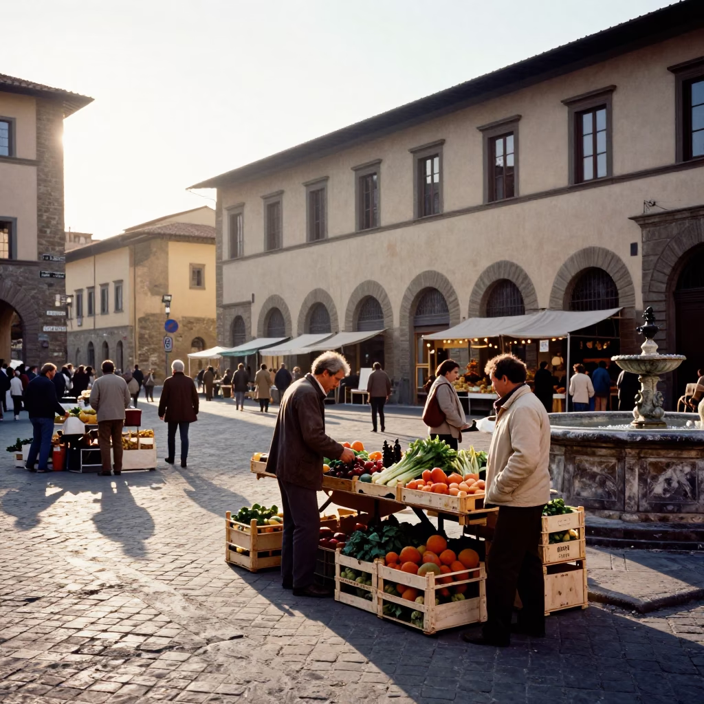 Vintage 1970s Street Scene in Florence Italy Just After Sunrise with Local Market Activity in in Florence, Italy
