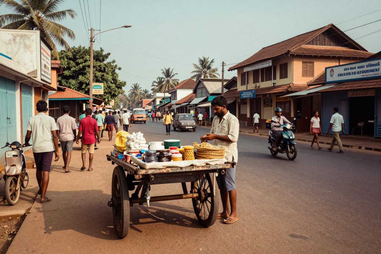 Vintage 1970s Street Scene in Kochi India Early Afternoon with Local Market Details in in Kochi, India