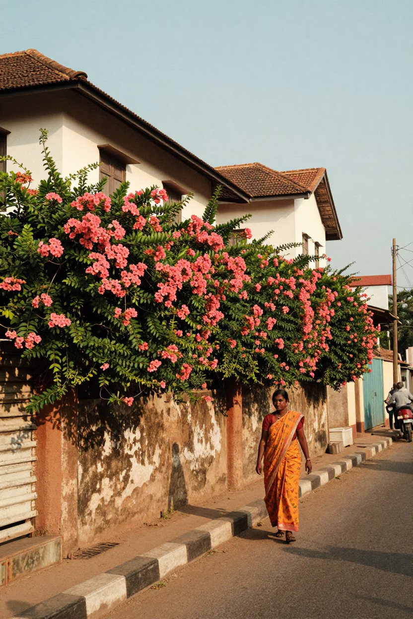 Vintage 1970s Street Scene in Kochi India with Plumbago Hedge and Local Market Activity in in Kochi, India