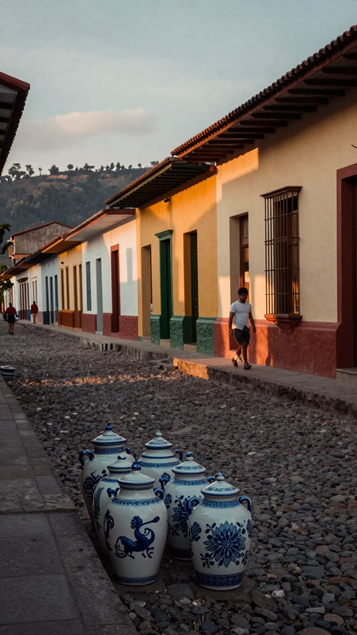 Vintage 1970s Street Scene in Medellin Colombia Featuring Porcelain Jars and Drying Rack in in Medellin, Colombia
