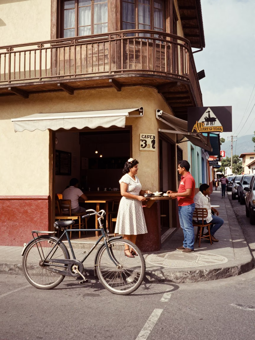 Vintage 1970s Street Scene in Medellin Colombia with Bicycle and Cafe in in Medellin, Colombia