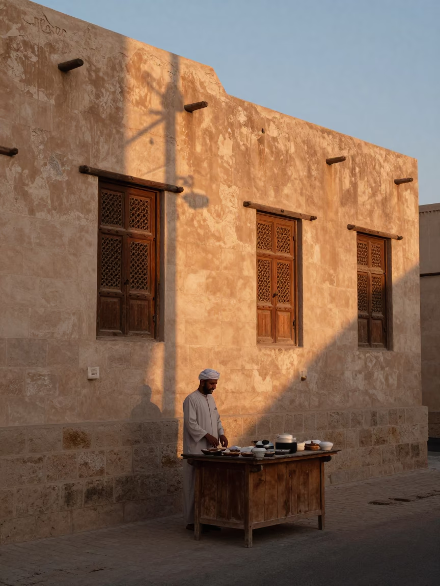 Vintage 1970s Street Scene in Muscat Oman at Dawn with Local Market Activity in in Muscat, Oman