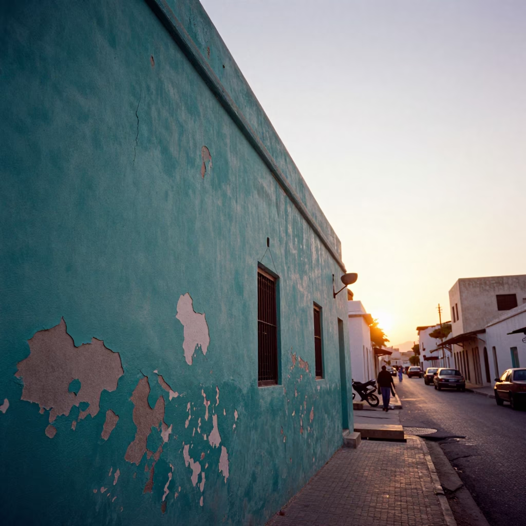 Vintage 1970s Street Scene in Muscat Oman with Peeling Turquoise Paint and Sunset Light in in Muscat, Oman