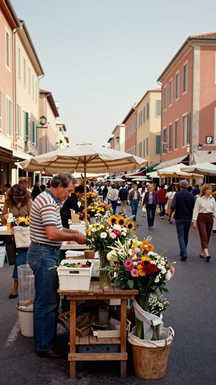 Vintage 1970s Street Scene in Nice France Late Morning Market Life and Local Interaction in in Nice, France