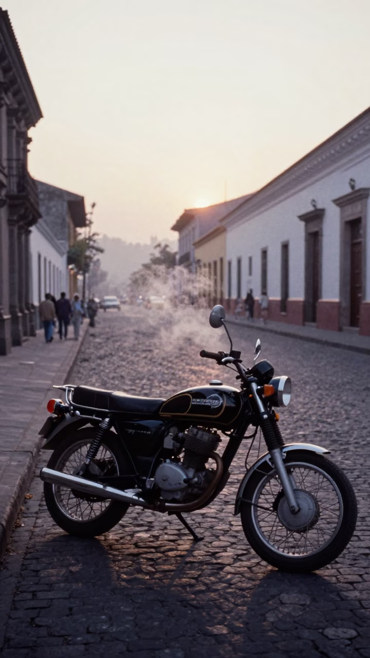 Vintage 1970s Street Scene in Quito Ecuador Dawn Light Motorcycle Outside Mountain Teahouse in in Quito, Ecuador