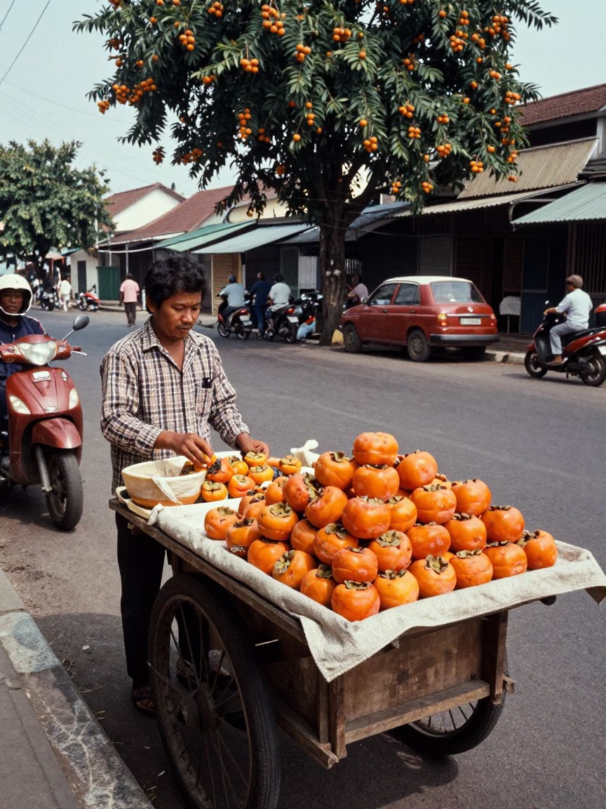 Vintage 1970s Street Scene in Surabaya Indonesia with Persimmons and Local Vendor in in Surabaya, Indonesia