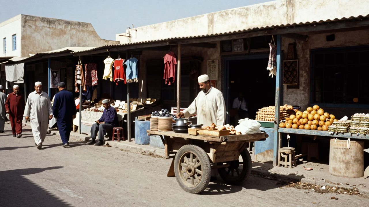 Vintage 1970s Street Scene in Tunis Tunisia with Local Vendor and Traditional Architecture in in Tunis, Tunisia