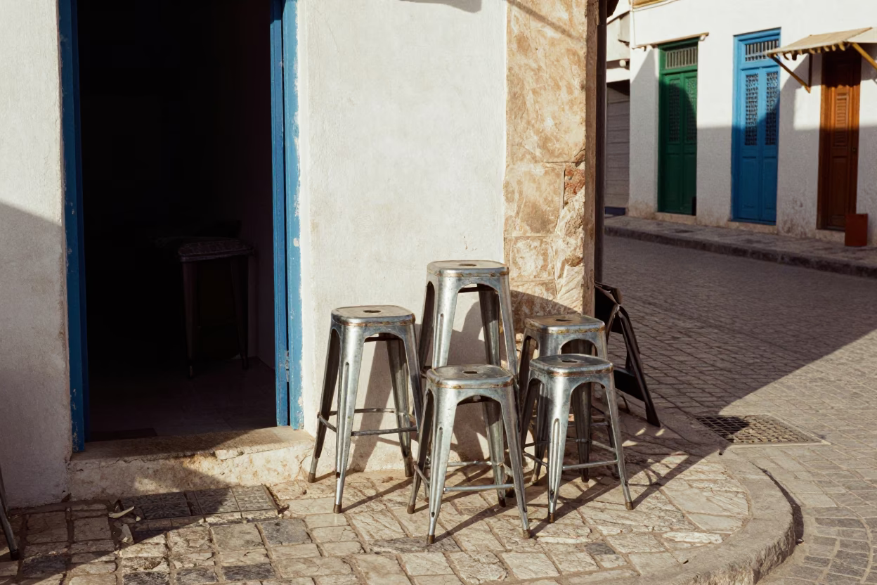 Vintage 1970s Street Scene in Tunis Tunisia with Metal Stools and Wooden Ladder in in Tunis, Tunisia