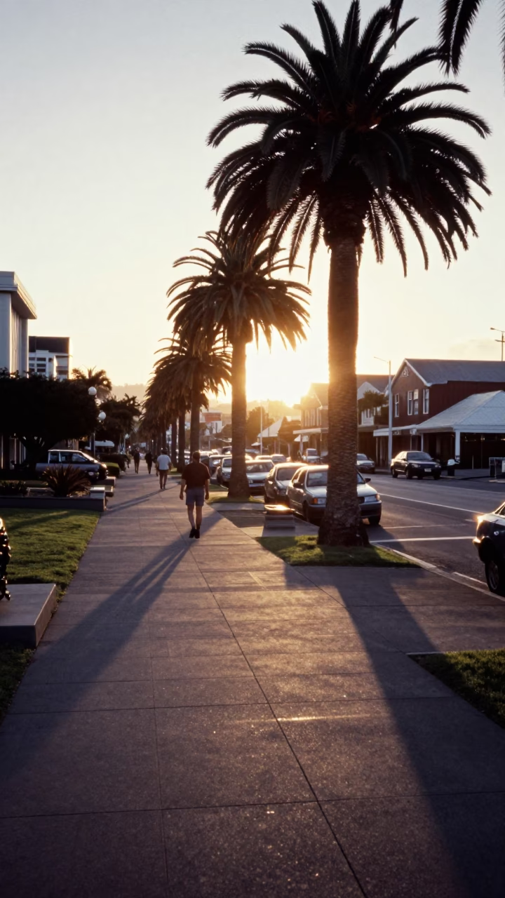 Vintage 1970s Street Scene in Wellington New Zealand with Sunlight and Palm Trees in in Wellington, New Zealand