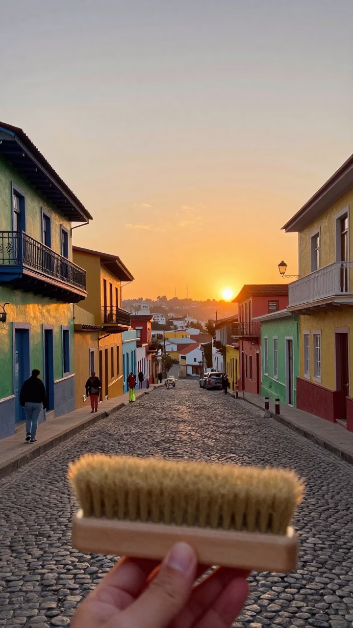 Vintage 1970s Sunset Scene in Valparaiso Chile with Shoe Brush and Local Interaction in in Valparaiso, Chile
