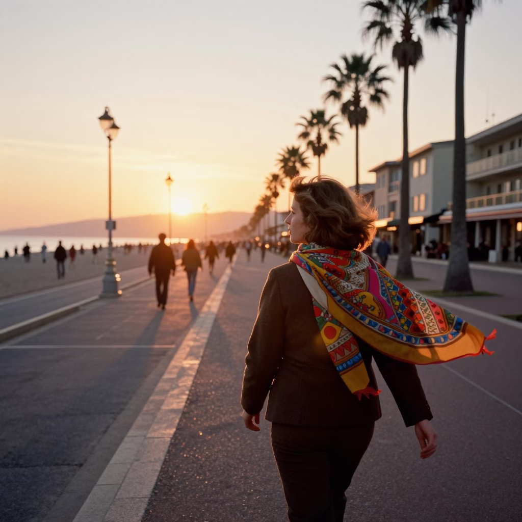 Vintage 1970s Sunset Street Scene in Nice France with Scarf and Dandelion in in Nice, France
