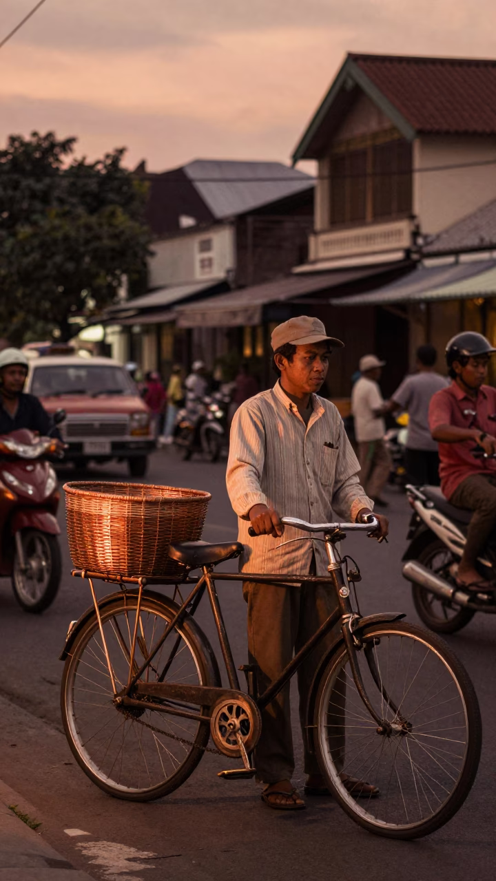 Vintage 1970s Surabaya Street Scene Copper Dusk Light Basket Seller in in Surabaya, Indonesia