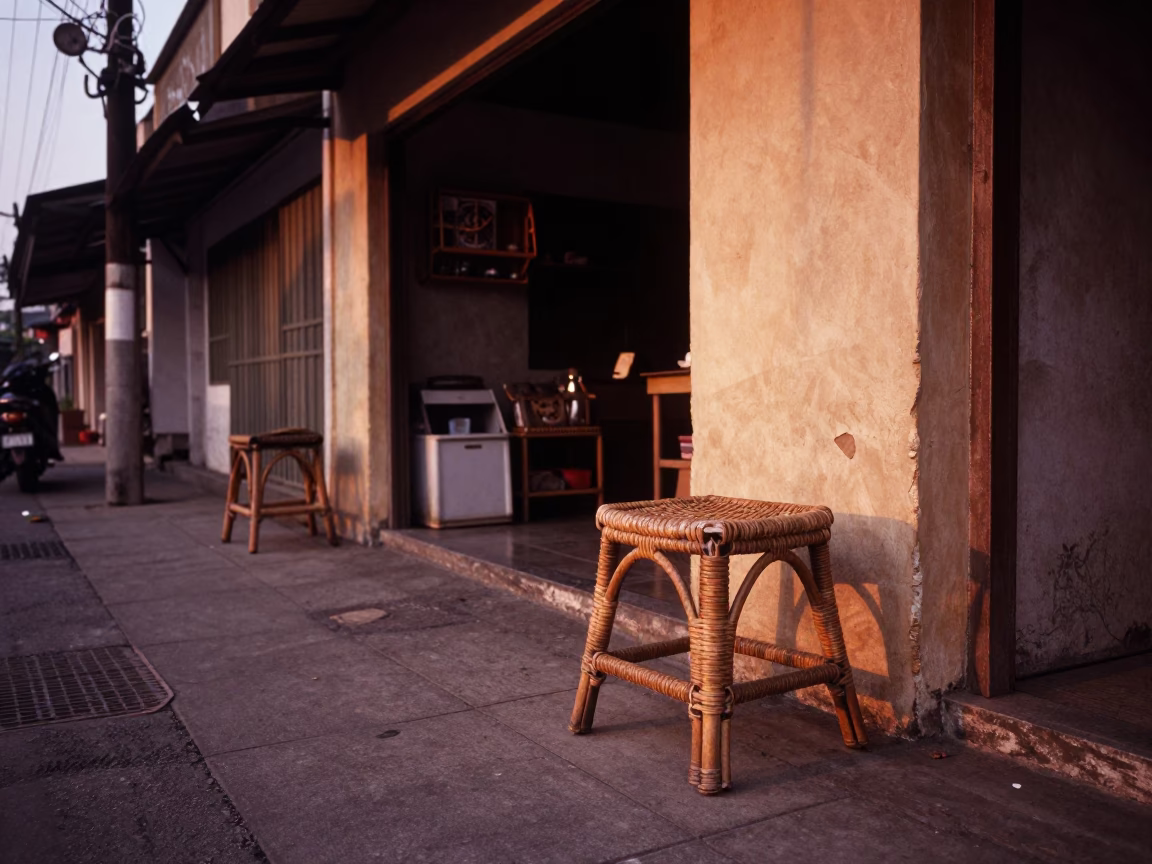 Vintage 1970s Surabaya street scene with rattan stool and flowerpot in copper dusk light in in Surabaya, Indonesia