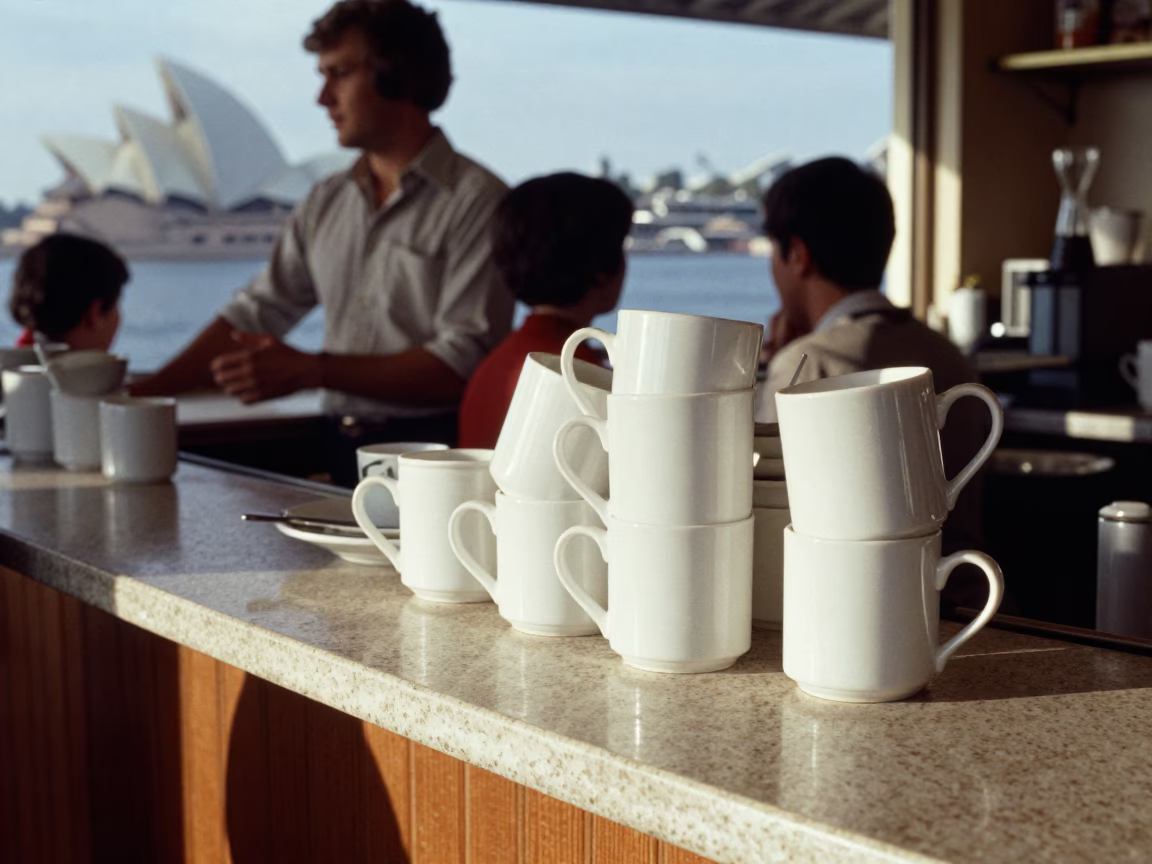 Vintage 1970s Sydney Cafe Counter with Coffee Mugs and Fig Tree Outside in in Sydney, New South Wales, Australia