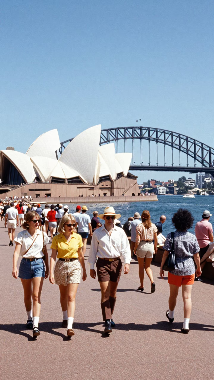 Vintage 1970s Sydney Harbor Bridge and Opera House in Bright Midmorning Light in in Sydney, New South Wales, Australia