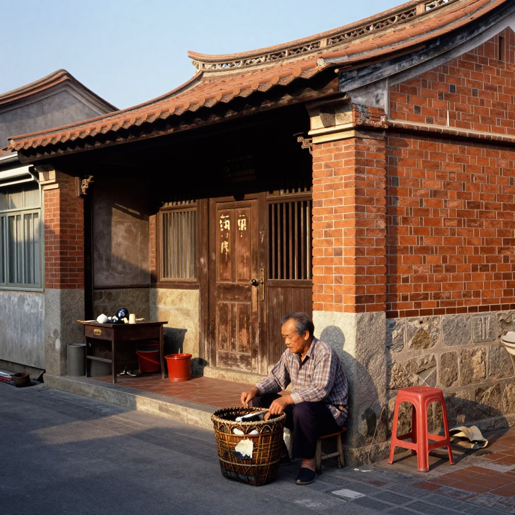 Vintage 1970s Tainan street scene with mending basket and late afternoon light in in Tainan, Taiwan