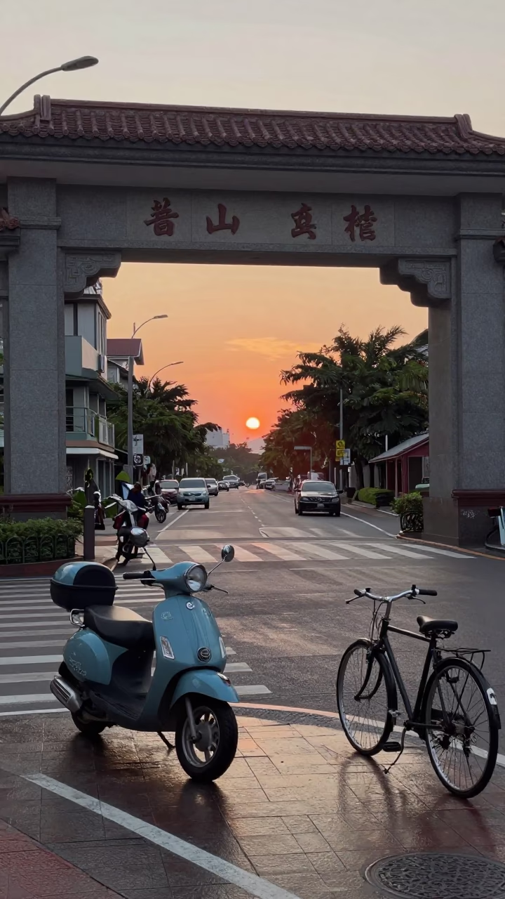 Vintage 1970s Tainan Street Scene with Scooter and Bicycle Rack at Sunset in in Tainan, Taiwan