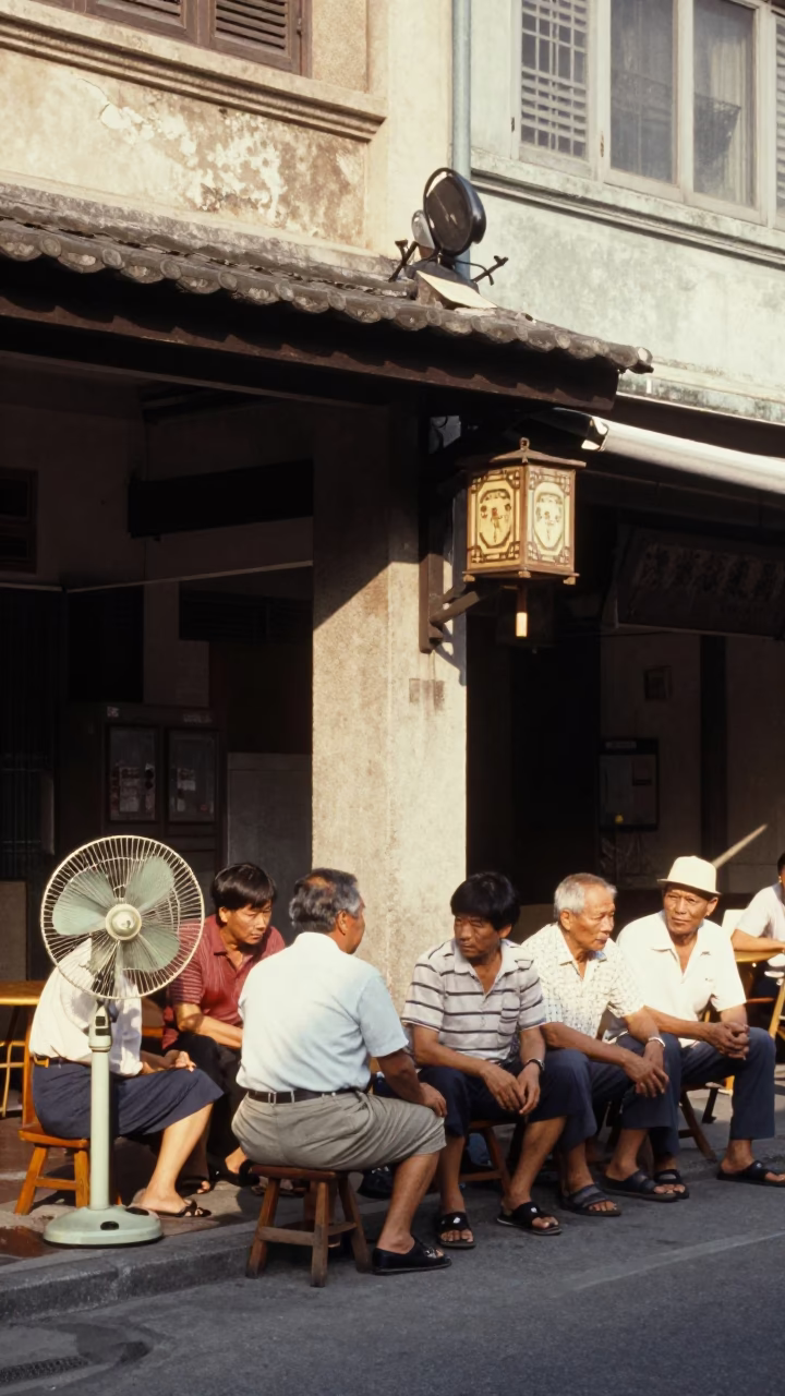 Vintage 1970s Tainan Street Scene with Table Fans and Local Life in in Tainan, Taiwan