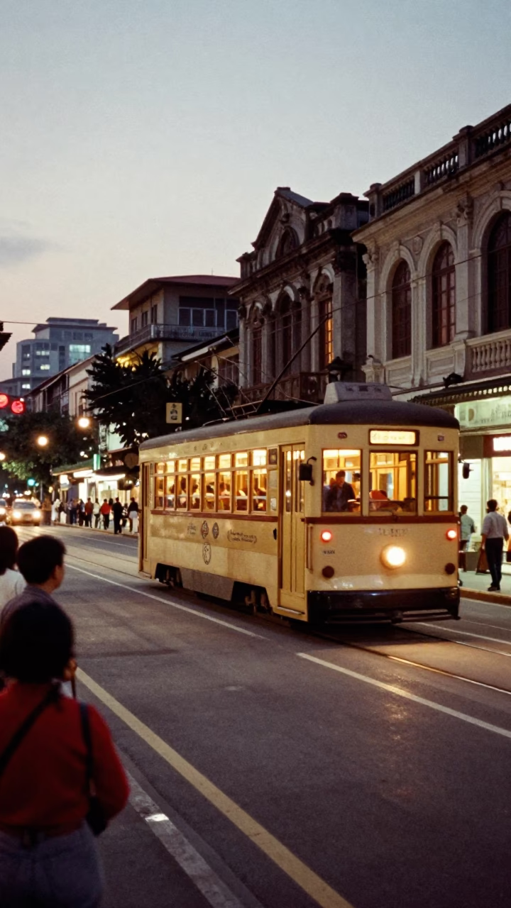 Vintage 1970s Taipei Evening Street Scene with Tram and Urban Life in in Taipei, Taiwan