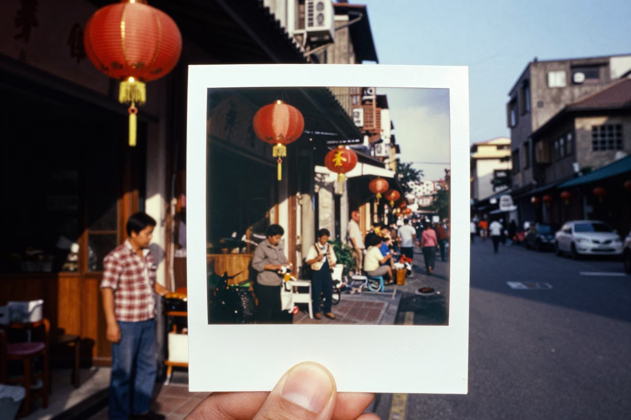 Vintage 1970s Taipei Street Scene with Lanterns and Traditional Bicycles in Late Afternoon Light in in Taipei, Taiwan