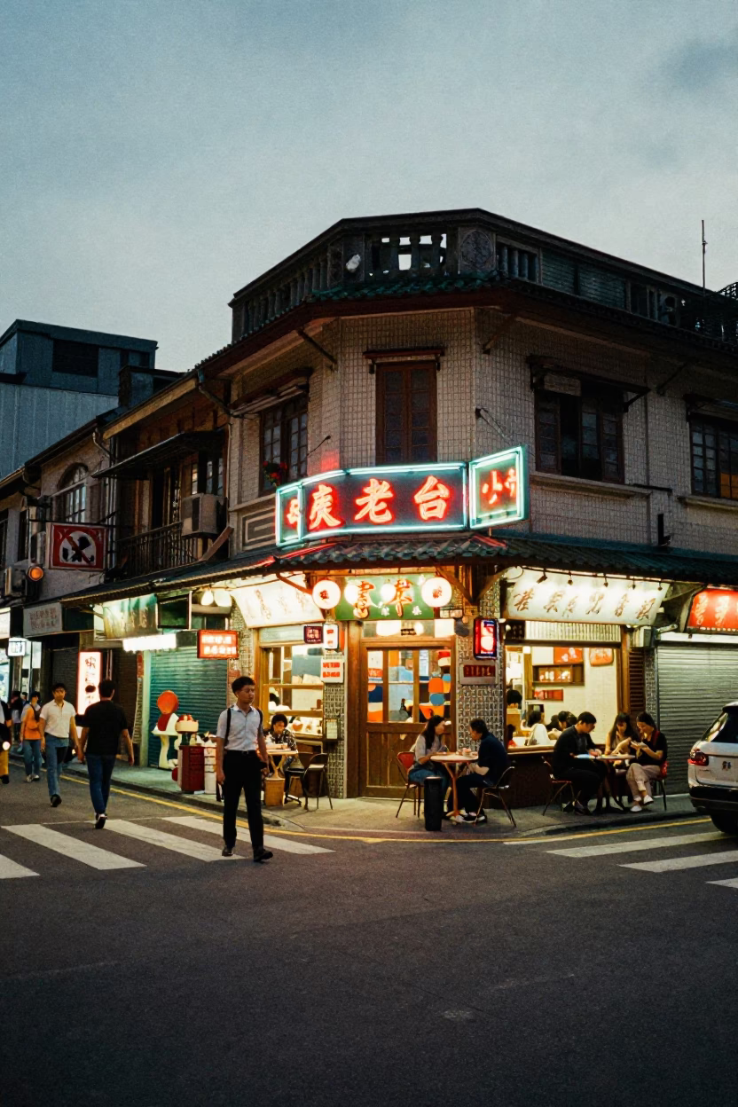 Vintage 1970s Taipei street scene with neon lights and local vendors at dusk in in Taipei, Taiwan