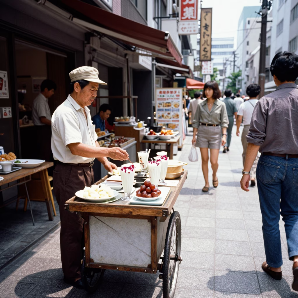 Vintage 1970s Tokyo Street Scene with Lassi and Dates in Bright Midmorning Light in in Tokyo, Japan