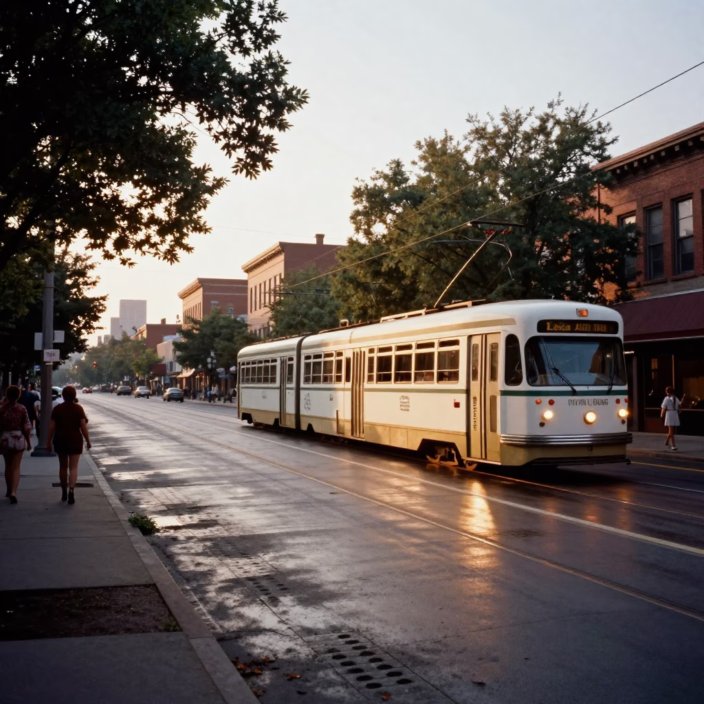 Vintage 1970s Toronto Street Scene at Golden Hour with Tramcar and Urban Life in in Toronto, Ontario, Canada