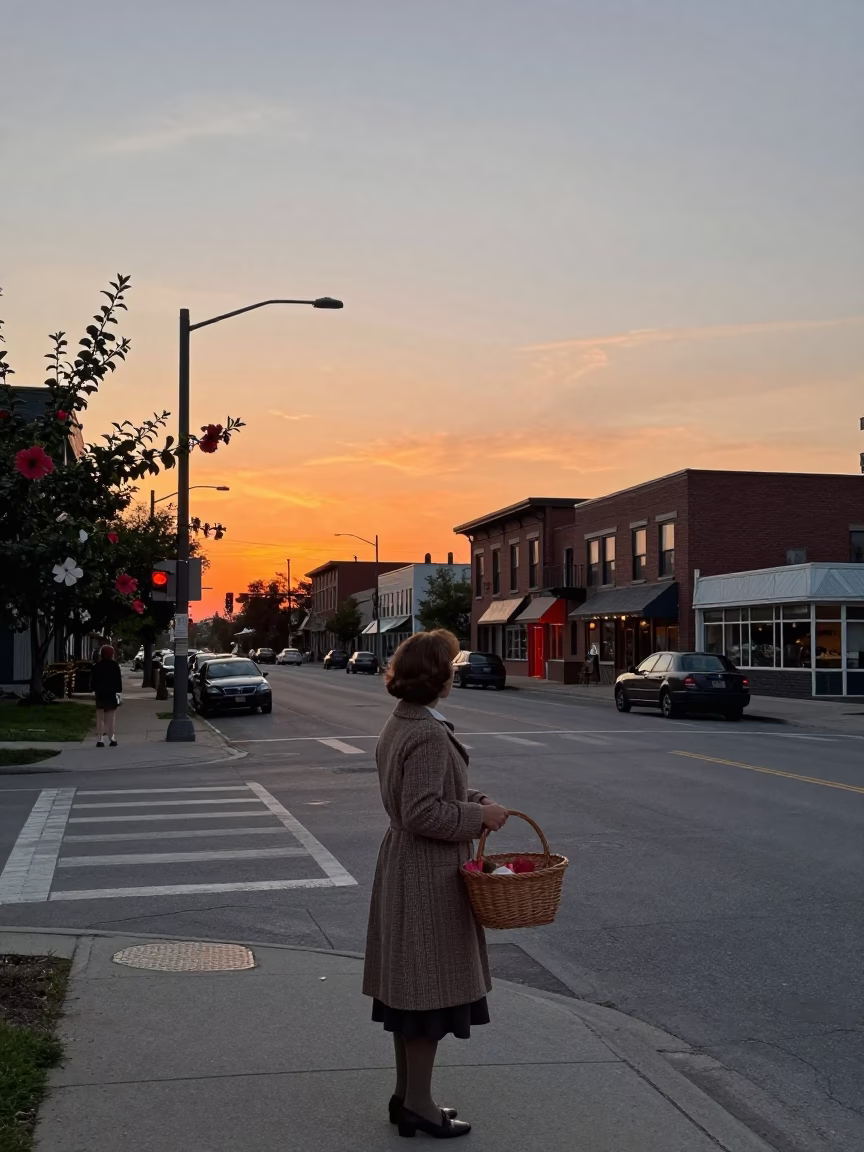 Vintage 1970s Toronto Street Scene at Sunset with Hibiscus and Wicker Basket Details in in Toronto, Ontario, Canada