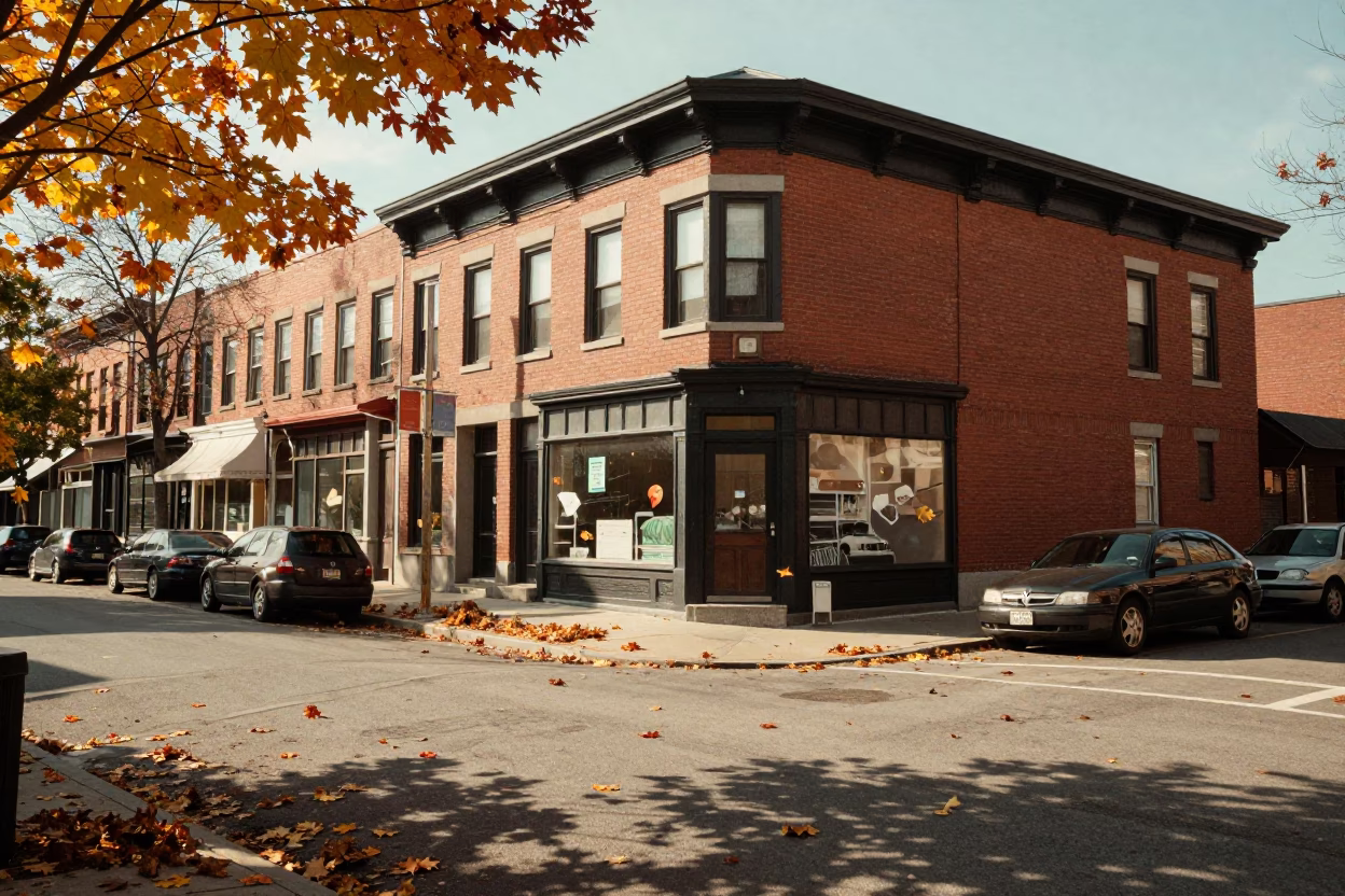 Vintage 1970s Toronto Street Scene with Autumn Maple Leaves and Urban Architecture in in Toronto, Ontario, Canada