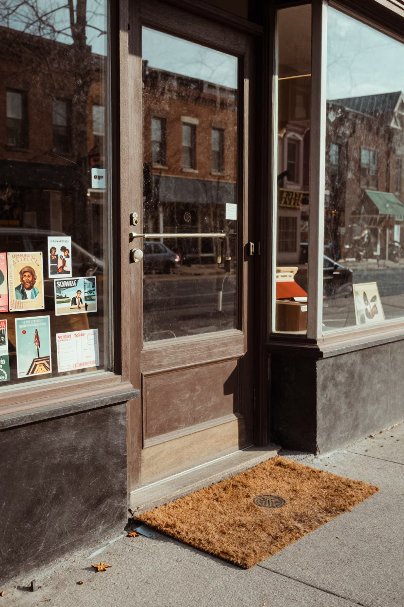 Vintage 1970s Toronto Street Scene with Doormat and Postcards at Local Shop in in Toronto, Ontario, Canada