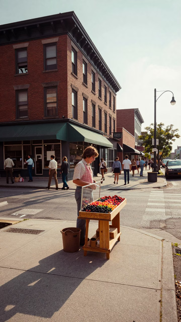 Vintage 1970s Toronto Street Scene with Fresh Berries and Glass Display at Dawn in in Toronto, Ontario, Canada